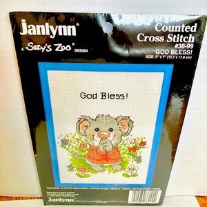 Janlynn Counted Cross Stitch God Bless 5X7 New 1990 Has Frame Praying Mouse